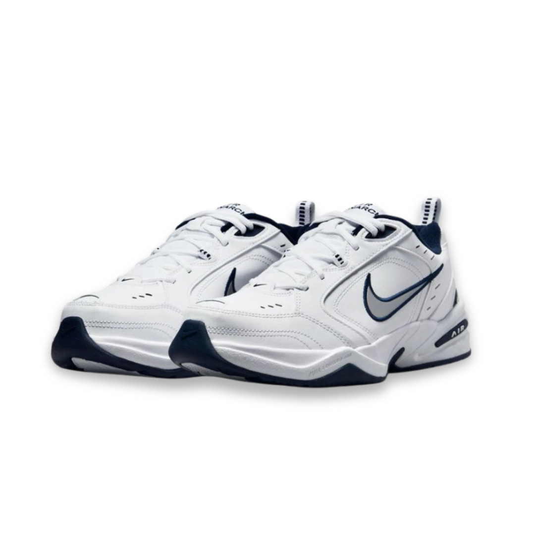 Nike Air Monarch Mens White Metallic Silver Navy Blue Comfort Training Shoes