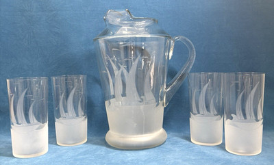 Vintage Pitcher & 4 Matching Glasses with Etched Ship