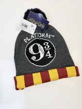 Harry Potter Platform 9 3/4 Yellow and Red Striped Cuff Pom Pom Beanie NEW