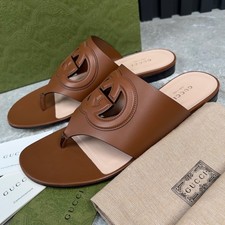 GUCCI Interlocking GG Cutout Thong Sandals Brown Leather 6 UK or 9 US or 39 EUR