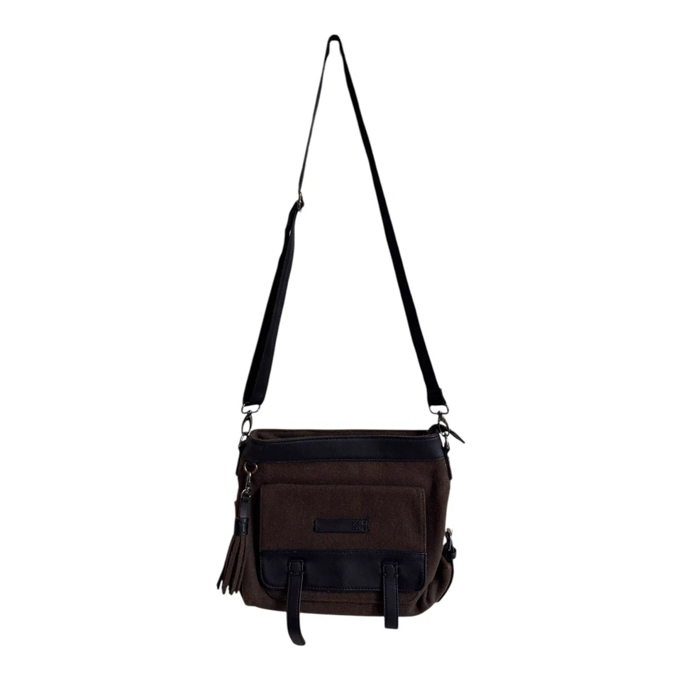 Bolso de Hombro Sherpani Marrón Fieltro Correa Ajustable Borla Acento Pequeño Foto 2 de 4