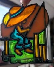 Vintage Stained Glass Sun Catcher Boy Fishing On Dock Pole Summer Sun Sunset