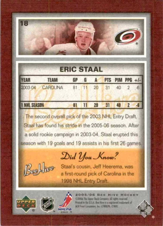 2005-06 Upper Deck Bee Hive Eric Staal #18 - Image 2 of 2