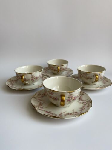 Theodore Haviland New York 4er Set Teetassen & Untertassen rosa Rosen Goldakzente - Bild 3 von 11