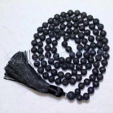 6/8/10/12mm Natural Black Lava Stone Round Gems 108 Prayer Beads Tassel Necklace