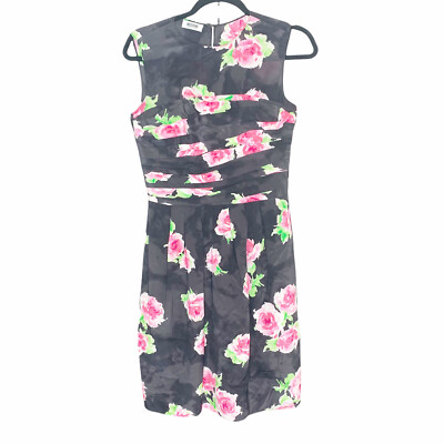 Moschino Cheap and Chic Black Silk Sleeveless Dress with Pink Rose Floral Small