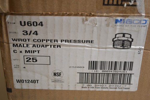 Box of 25 - NIBCO 604 WROT Copper Pressure Male Adapter Size 3/4" C x MIPT - Picture 2 of 5