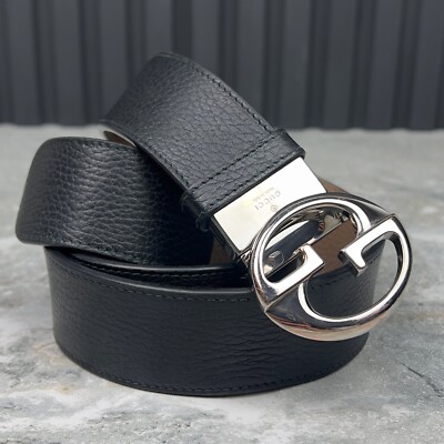 Gucci Interlocking GG Black Leather Reversible Belt Silver