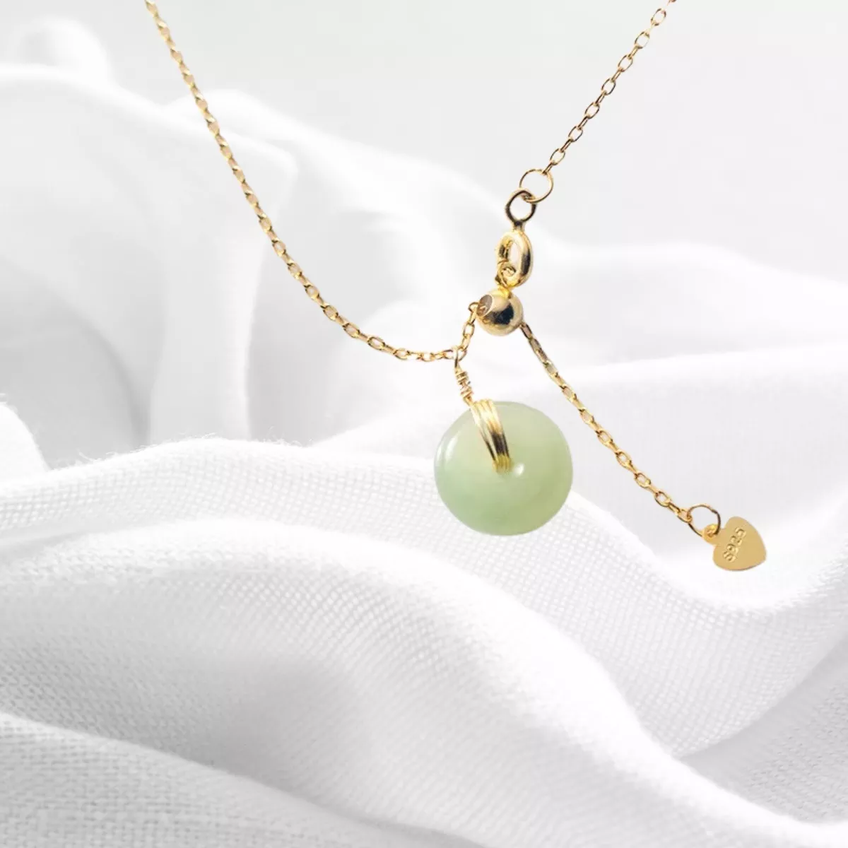 REAL JADE 14kt Gold Disc Pendant Silver Necklace Donut Shaped