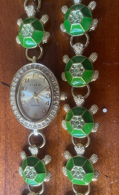 Lenox Green Turtle Gold Plated Link Watch & Bracelet 2PC Set Crystal Accents New