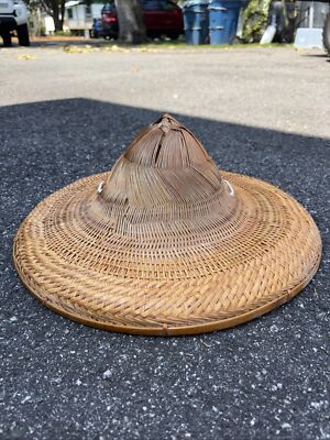 Vintage Handmade Asian Bamboo Rice Paddy Hat Sun Oriental Farmer Woven ...