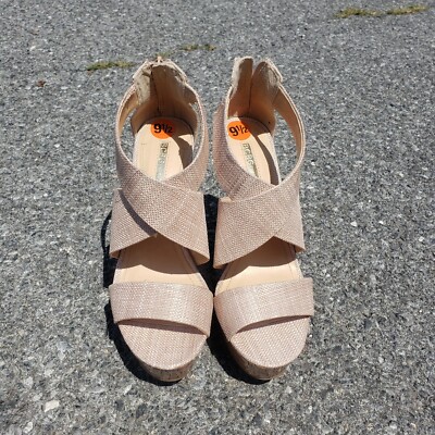 BCBG Generation Rando Platform Wedge Cork Heel Blush Pink Strappy Heels Sz 