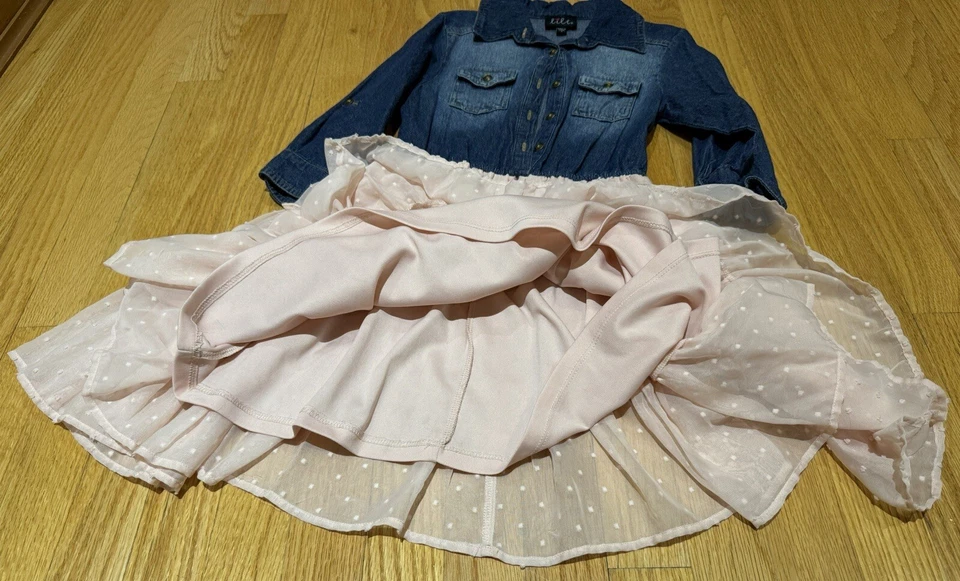 Lote de 2 Vestidos Niñas Talla S 7 Lily Denim Jean/Falda Rosa y Flor Correa Blanca Foto 3 de 4