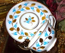 Royal Chelsea Bone China 183A Turquoise Gold Tea Cup Saucer Set Hand Painted