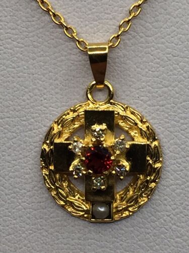 Kette+Anhänger 925 vergoldet,50 Jahre DRK Kreuz ,6 Diamanten,1 Granat, Saatperle - Bild 1 von 12