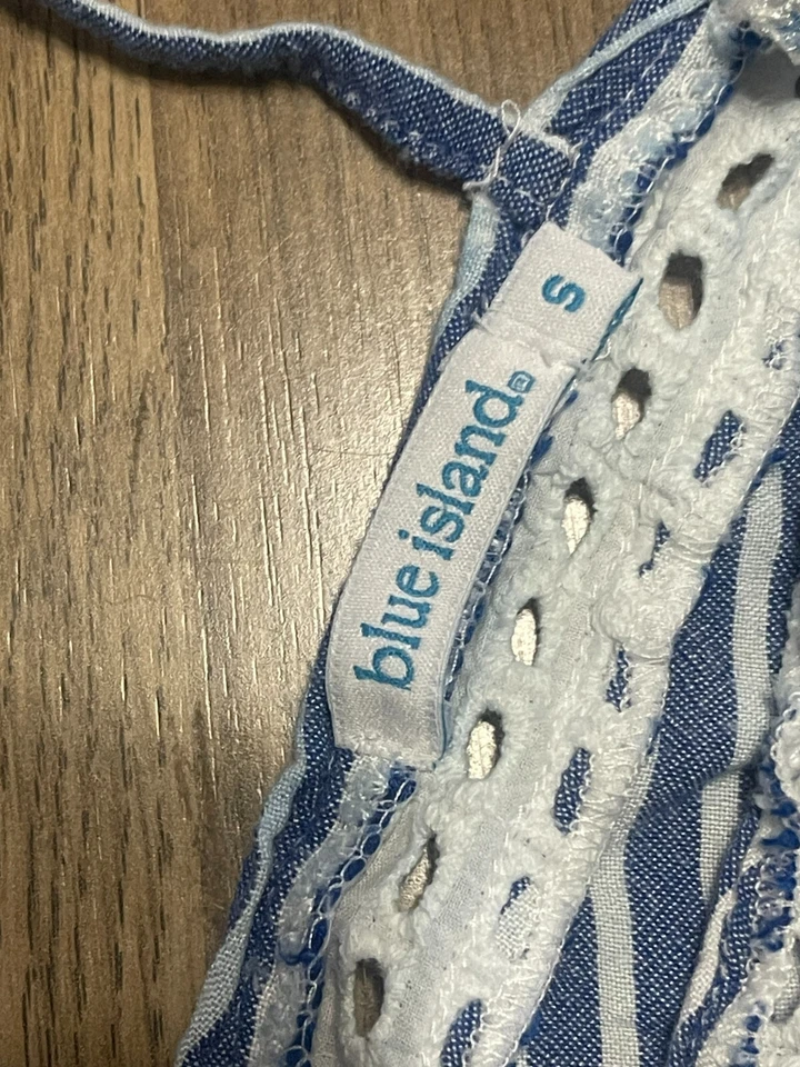 Vestido Blue Island, Para Mujer Pequeño, Azul Blanco, Rayas, Sin Mangas, Cuello Sobrepelliz Foto 3 de 4