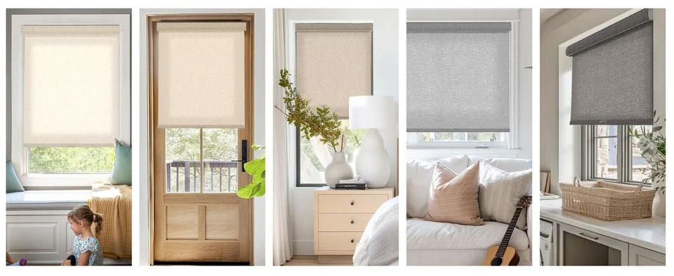 Persianas enrollables inalámbricas Blackout de lino tejido natural METechs tamaño personalizado Foto 2 de 4