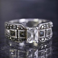 Size 6, VTG sterling silver 925 statement band ring with cluster marcasite cz