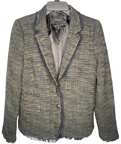Banana Republic blazer women's size 12 green/black tweed fringe jacket metal