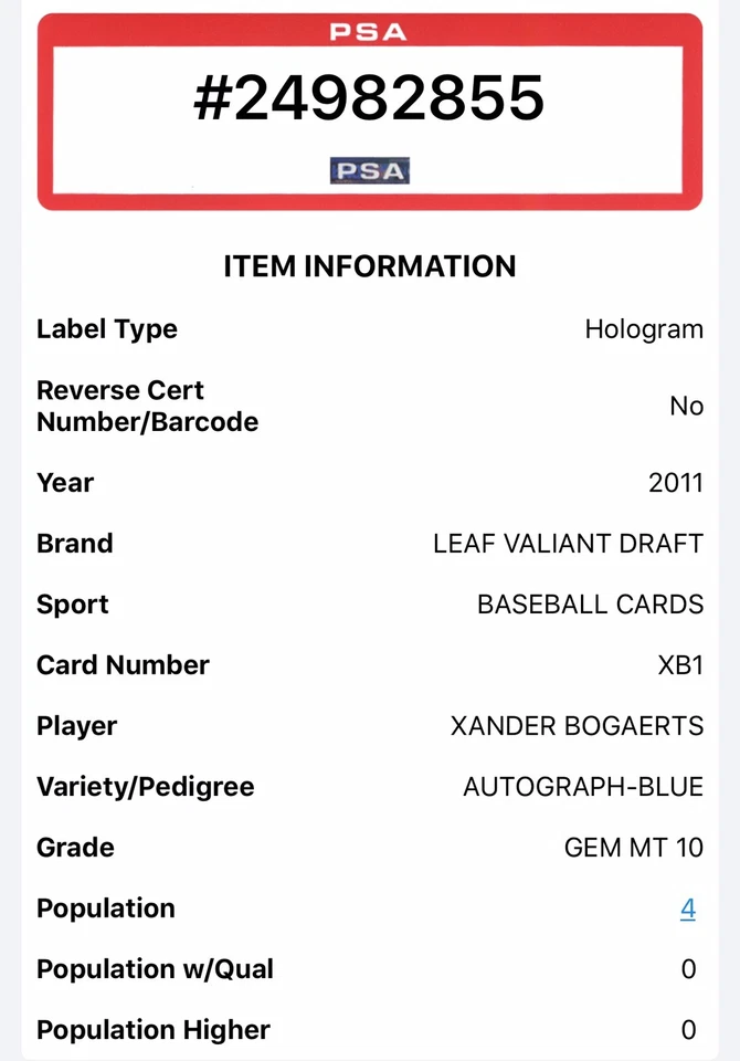 POP 4 PSA 10 AZUL #/99 AUTO RC XANDER BOGAERTS GEMA 2011 HOJA VALIENTE Foto 3 de 3