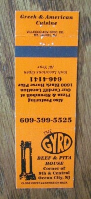 GREEK RESTAURANT MATCHBOOK MATCHCOVER: GYRO (OCEAN CITY, NEW JERSEY) -E8