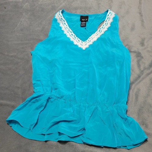 Aryn K Shirt Womens Size Large Silk Teal Lace V Neck Sleeveless Blue Tank Top - Picture 1 of 9