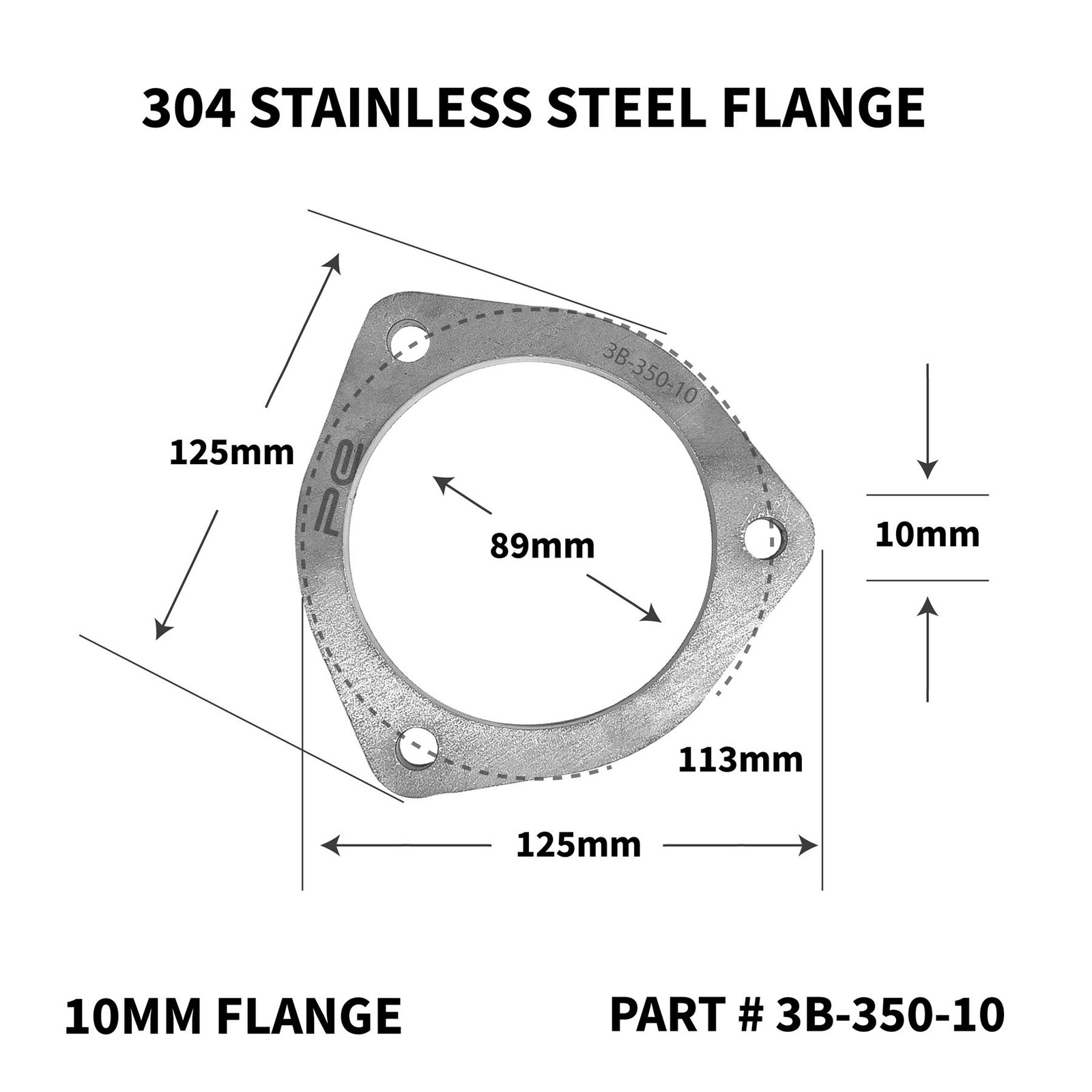 3.5"" 89mm 3 Bolt Exhaust Flange 10mm Thick Heavy Duty Turbo Diesel 304 SS