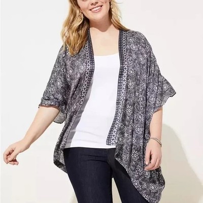 Loft Plus Kimono Womens 20/22 Blue Floral Lightweight Open Front Topper Cover Up