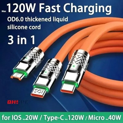 120W 6A Fast Charging 3 In 1 USB Cable Type C Micro USB iPhone Charger