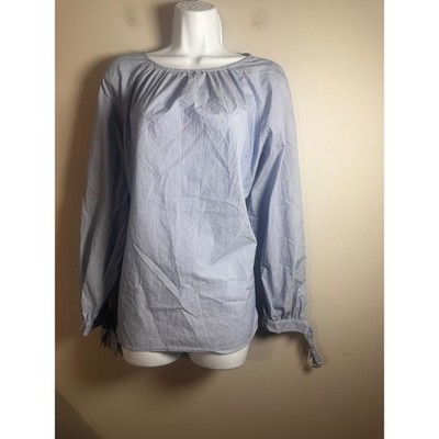 Banana Republic Blue White Micro Stripe Tie Cuff Peasant Blouse Womens Medium