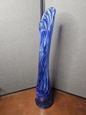 2006 Signed Studio Art Glass Shapely Tall Blue/White/Clear Swirl Swung Vase