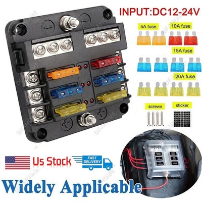 6 Way Blade Fuse Box Block FuseBox Holder Auto Marine Bus Bar Car Kit 12V 24V US