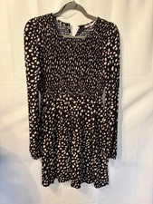 francesca's Black/Beige Animal Print V-Neck Smocked Puff Sleeve Dress S