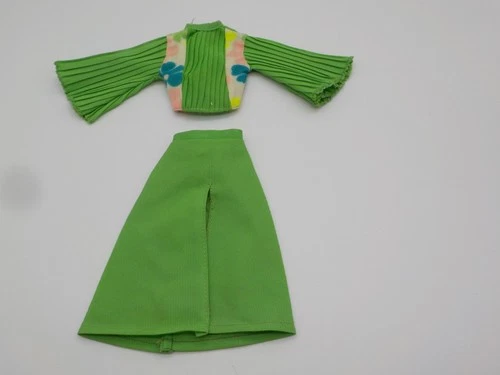 Vintage Barbie Shillman Clone Green Floral Pleated Top and Matching Skirt Set