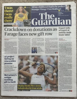 The Guardian 6th July 2026 6/7/26 Naomi Osaka Beats Aryna Sabalenka At Wimbledon