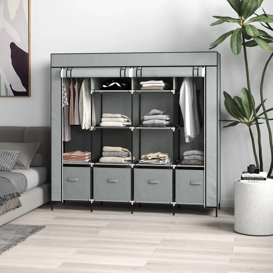 Fabric Wardrobe Closet w/ 12 Shelves & 2 Hanging Rails Foldable Storage - Image 3 of 4