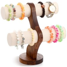 2 Tier Walnut Bracelet Holder Display Wooden Watch Stand Organizer T Bar White
