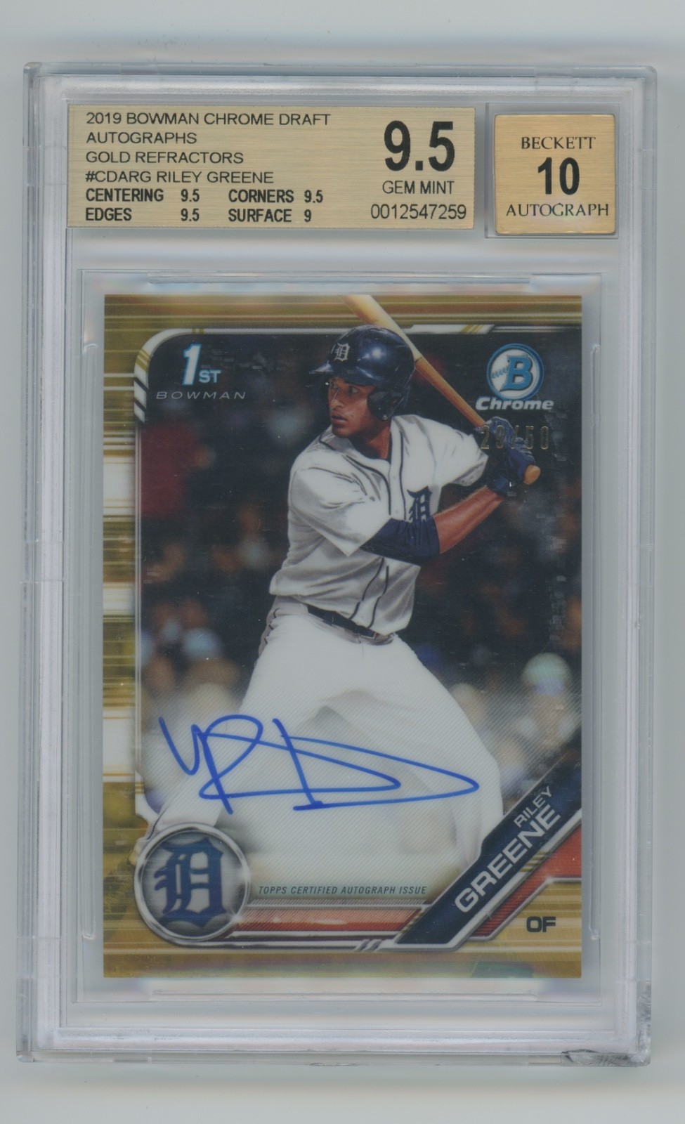 2019 Bowman Draft Chrome Gold Refractor 1st Riley Greene Auto #29/50 BGS 9.5 10