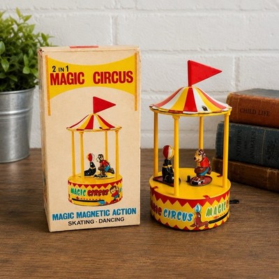 Vintage Magic Circus 2 In 1 Tin Toy Made In Japan w/ Box Magnetic Action
