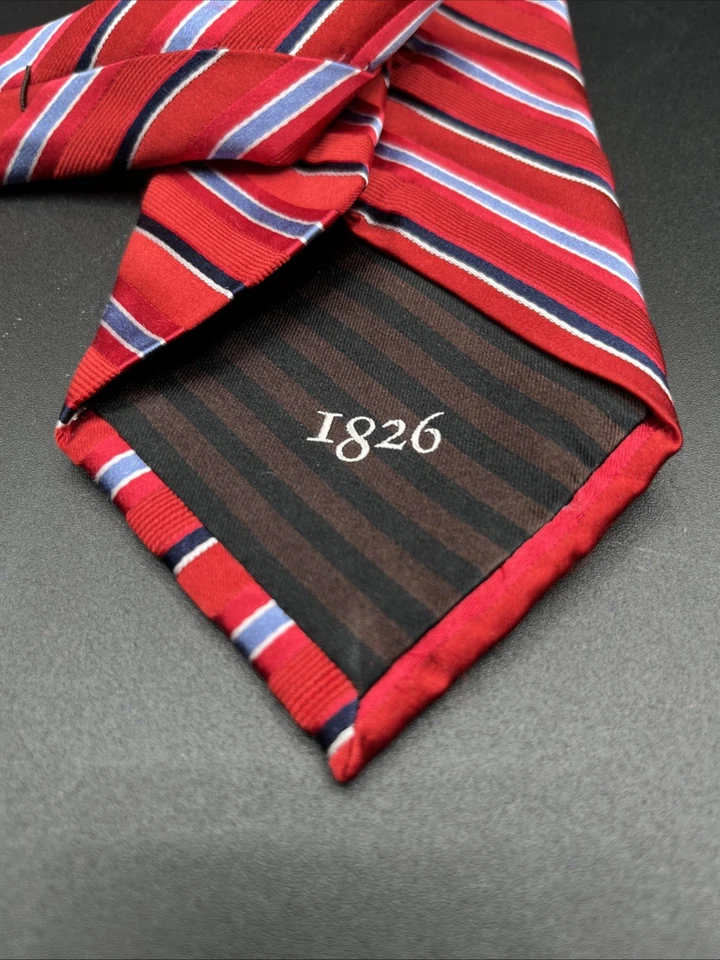 BLACK BROWN 1826 Men's 100% Silk Tie Red White Navy Blue Striped Necktie - Image 3 of 4