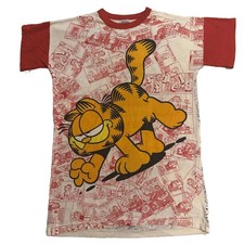 Vintage 70s 80s Garfield T-Shirt Comic All Over Red Pajama Party Night Sleep