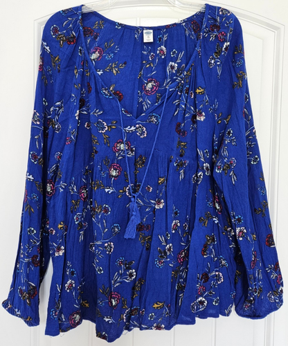 Old Navy blaues geblümtes Top Damen XL Quaste V-Ausschnitt Bluse