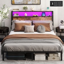 Metal Platform Bed Frame Full Queen King Bed with LED Headboard  Charging Station