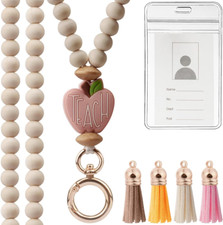 2024 Teacher Lanyard with ID Holder, Fashion Wood Beaded for Key, Super Cute Boh