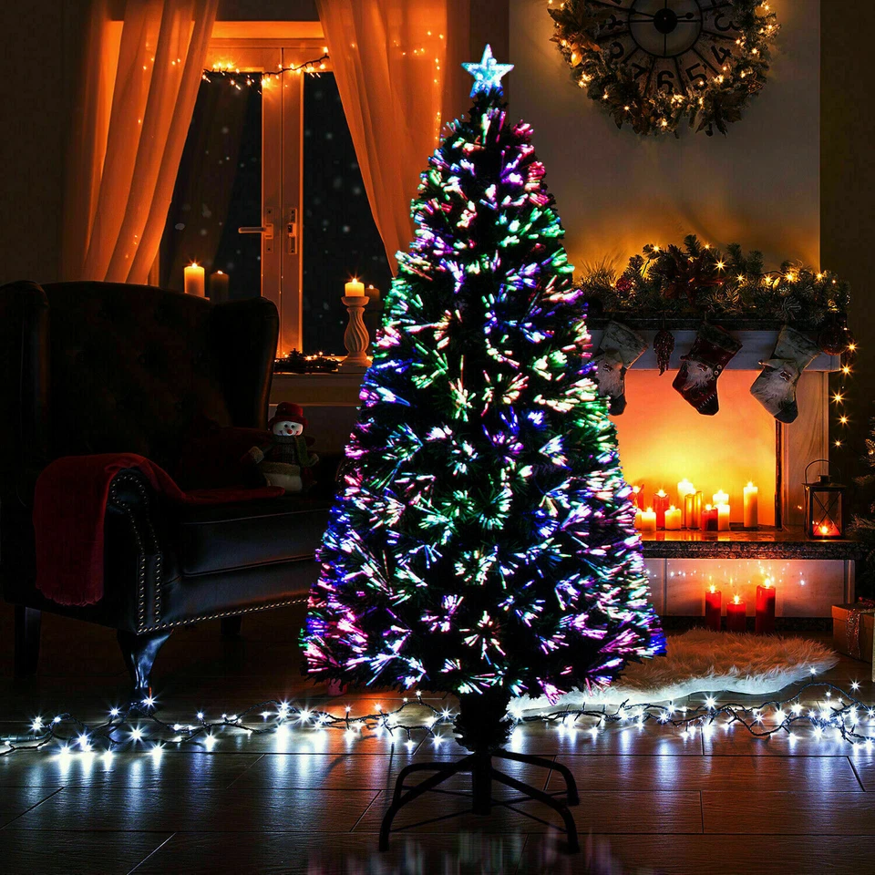 Pre Lit Fiber Optic Christmas Xmas Tree Colour Changing Xmas Lights Star Green