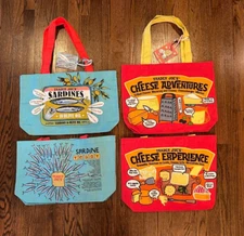 Trader Joe’s Reusable 100% Cotton Shopping Bags: Sardines, Cheeses Print NWT