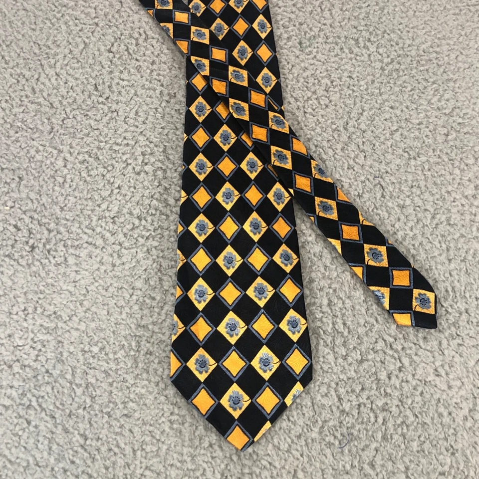 Corbata IKE BEHAR 59" seda azul y oro patrón diamante con flores Foto 2 de 4