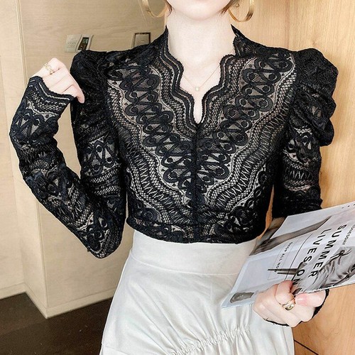 V Neck Crochet Flower Lace Blouse For 