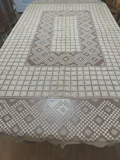 Antique Hand Made Dark Beige Lace Crochet Tablecloth 83" x 68" Pre Owned  J61H 