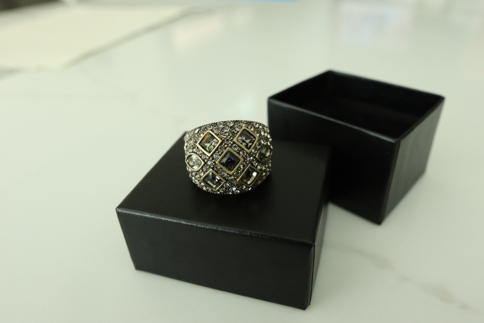 Heidi Dause Brass Tone Swarovski Crystal Ring Clear & Taupe Size 11
